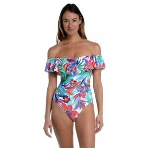 La Blanca Tropics Ruffled Off-the-Shoulder One-Piece Swimsuit Multi Size 4 NWT